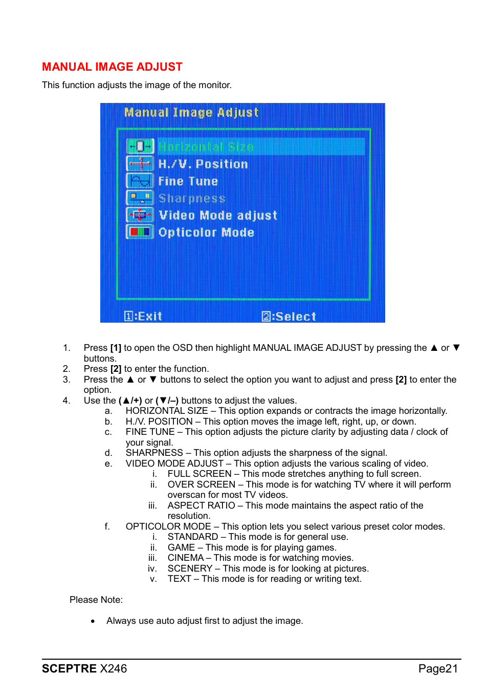 Manual image adjust | Sceptre X246W-1080P User Manual | Page 21 / 32