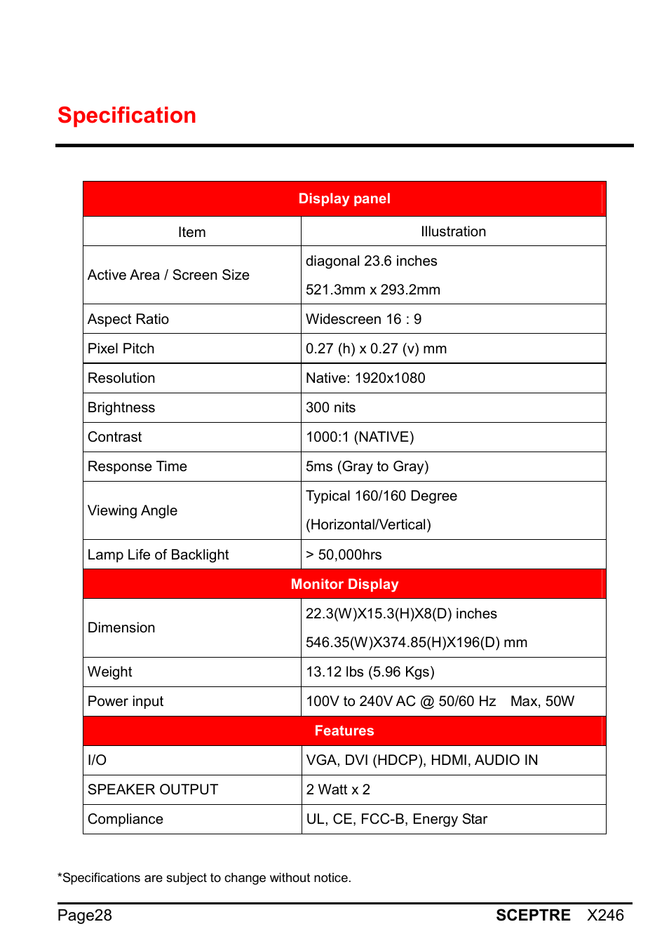 Specification | Sceptre X246W-1080P User Manual | Page 28 / 32