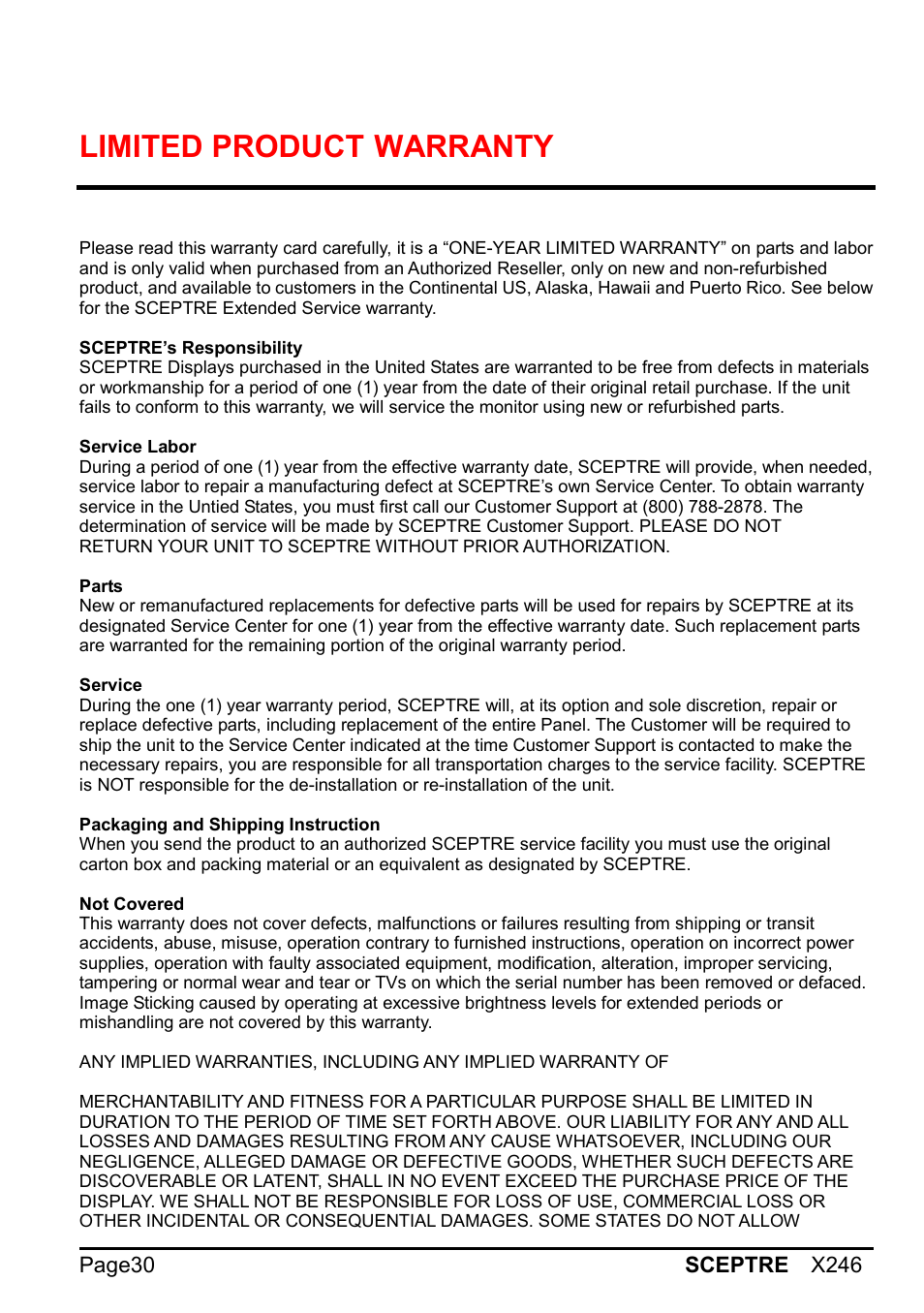 Limited product, Warranty | Sceptre X246W-1080P User Manual | Page 30 / 32