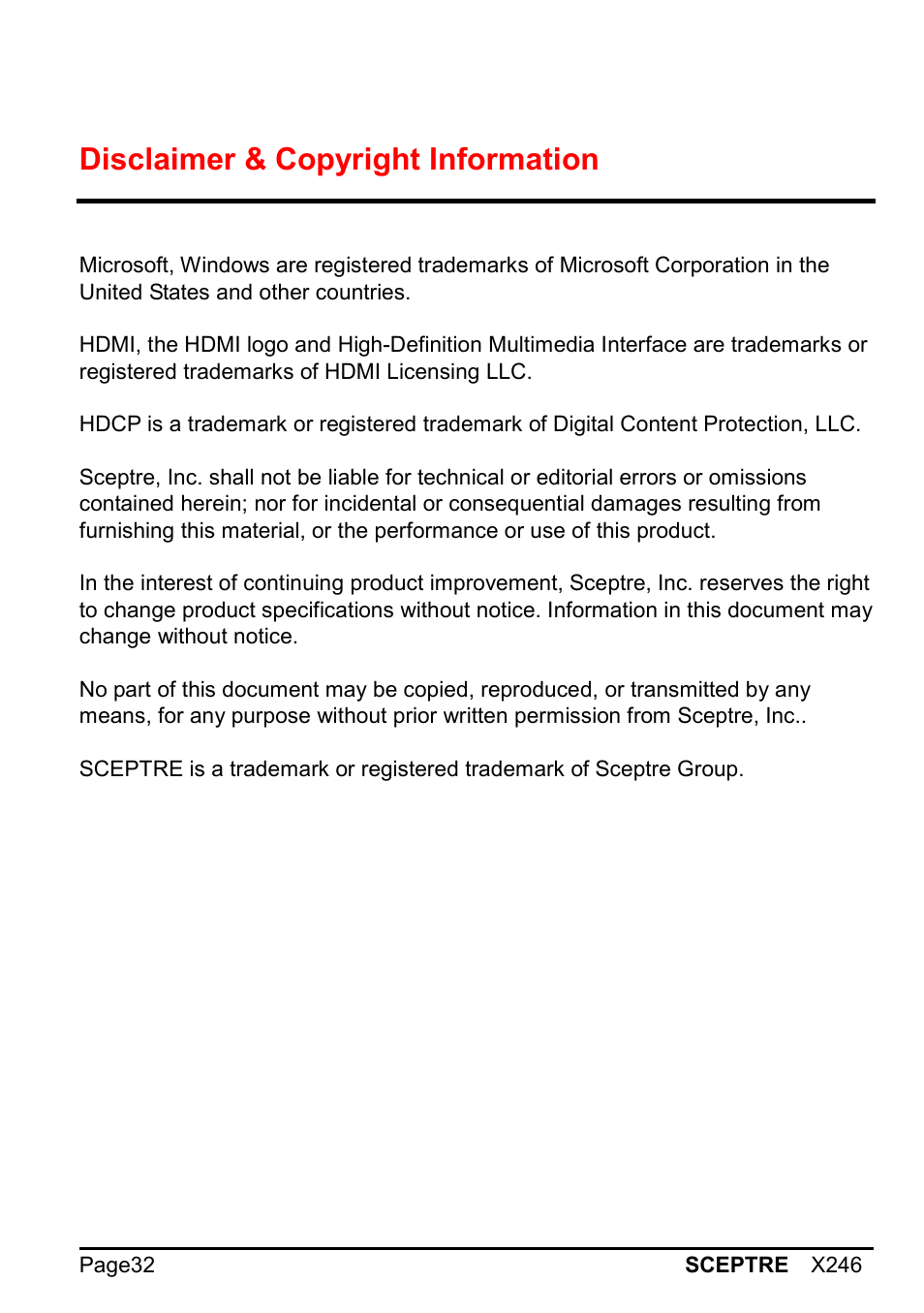 Disclaimer & copyright information | Sceptre X246W-1080P User Manual | Page 32 / 32