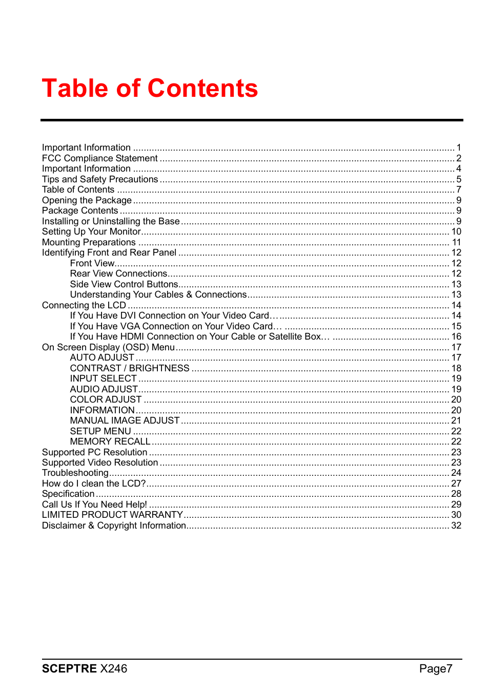 Sceptre X246W-1080P User Manual | Page 7 / 32