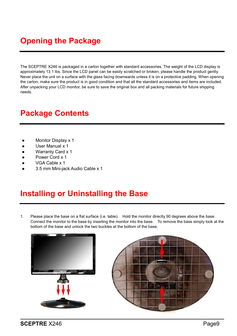 Opening the package, Package contents, Installing or uninstalling the base | Sceptre x246 page9 | Sceptre X246W-1080P User Manual | Page 9 / 32