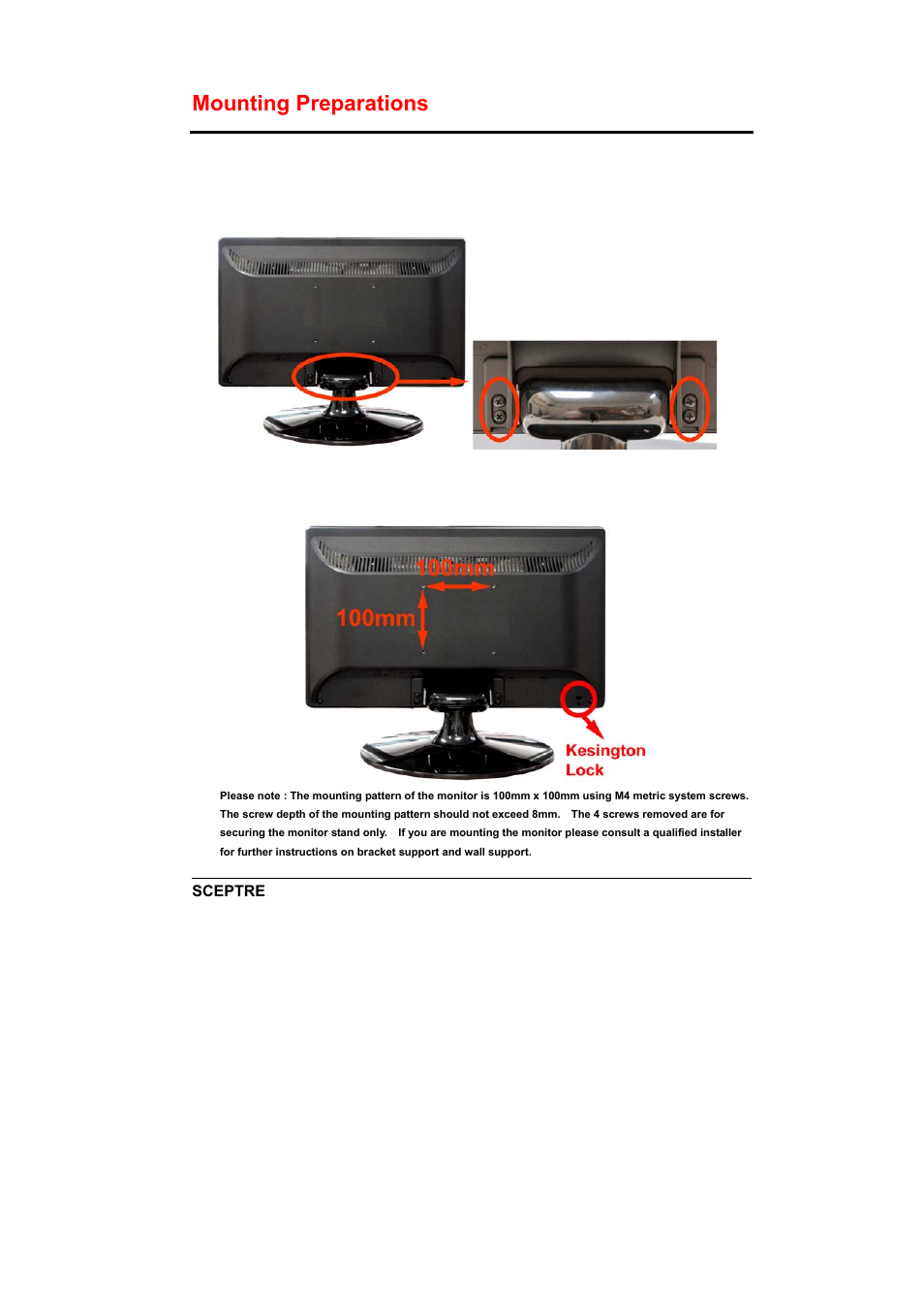 Mounting preparations | Sceptre X226W-1920 User Manual | Page 11 / 31