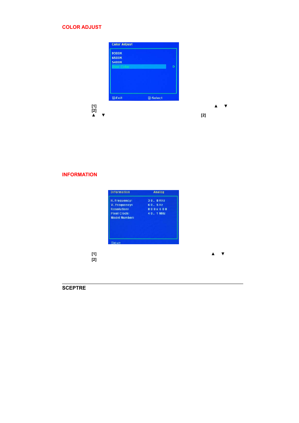 Color adjust, Information | Sceptre X226W-1920 User Manual | Page 19 / 31