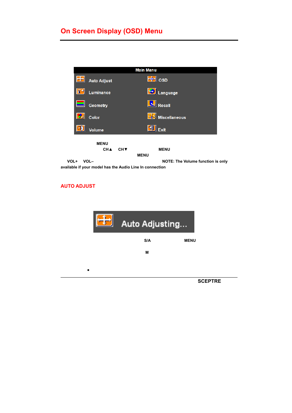 On screen display (osd) menu | Sceptre X240-1920T User Manual | Page 16 / 35