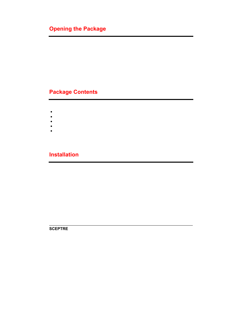 Opening the package, Package contents, Installation | Sceptre X240-1920T User Manual | Page 9 / 35