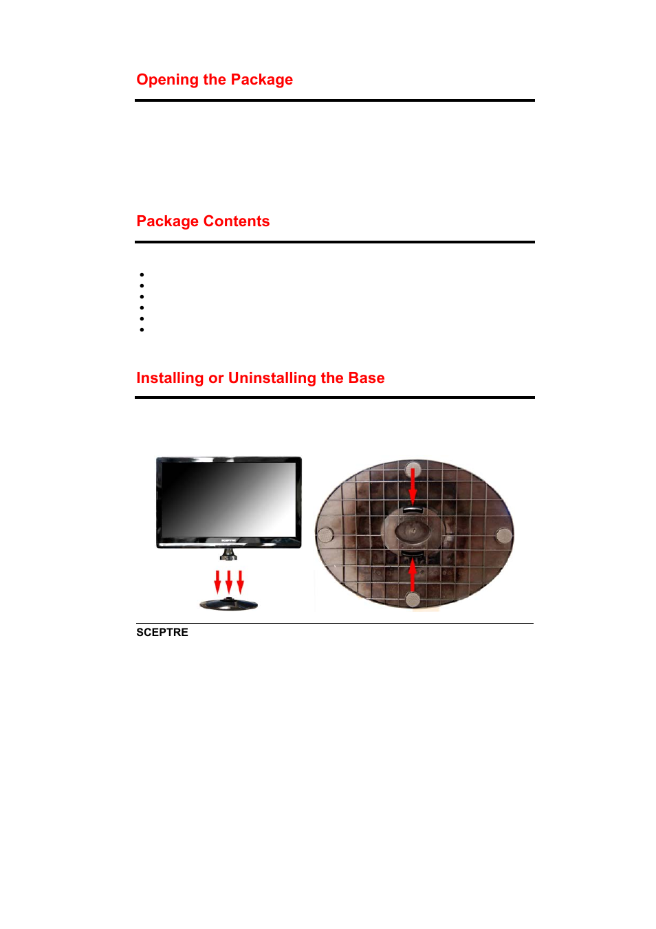 Opening the package, Package contents, Installing or uninstalling the base | Sceptre X270W-1080P User Manual | Page 9 / 32