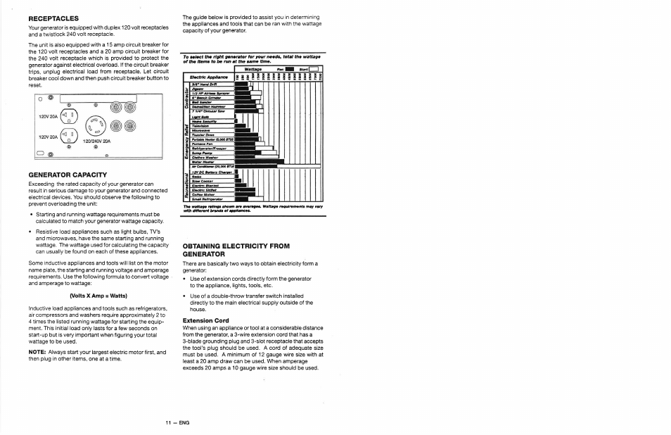 Receptacles, Generator capacity, Obtaining electricity from generator | Extension cord | Craftsman 919.679500 User Manual | Page 11 / 19