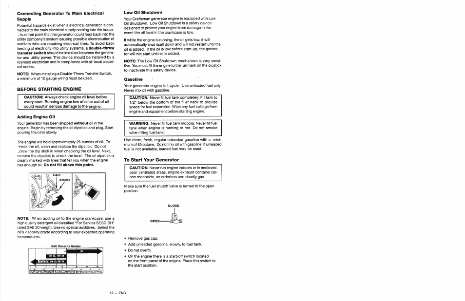 Connecting generator to main electrical supply, Before starting engine, Adding engine oil | Low oil shutdown, Gasoline, To start your generator | Craftsman 919.679500 User Manual | Page 12 / 19