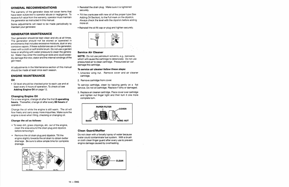 General recommendations, Generator maintenance, Engine maintenance oil | Changing engine oil, Service air cieaner, Clean guard/muffler | Craftsman 919.679500 User Manual | Page 14 / 19