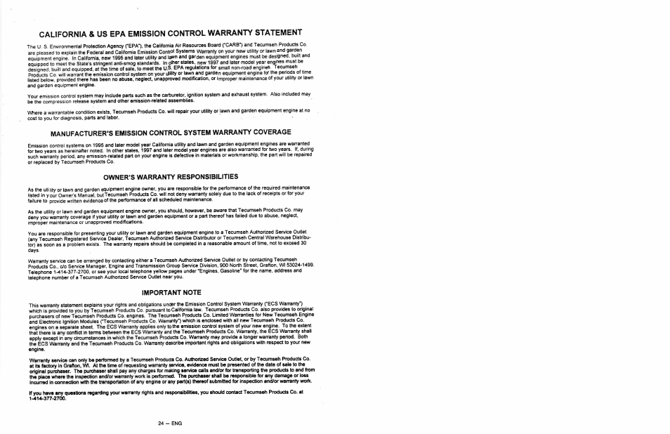 Owner’s warranty responsibilities, Important note | Craftsman 919.679500 User Manual | Page 17 / 19