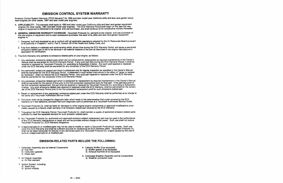 Emission-related parts include the following, Emission control system warranty | Craftsman 919.679500 User Manual | Page 18 / 19