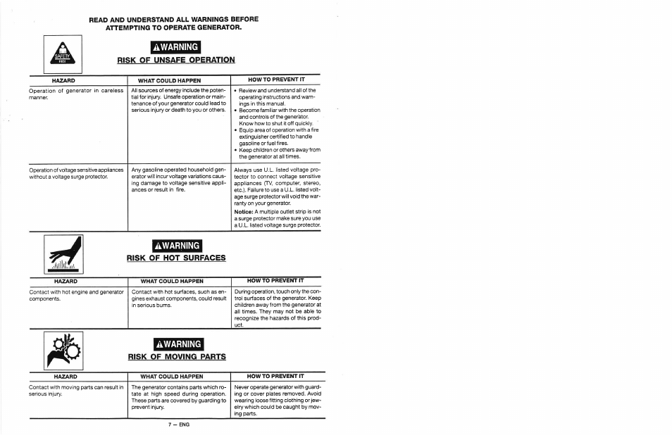 Awarning, Risk of hot surfaces, Risk of moving parts | A^^^wa | Craftsman 919.679500 User Manual | Page 7 / 19
