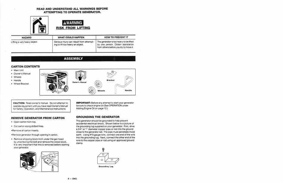 Awarning, Risk from lifting, Assembly | Carton contents, Remove generator from carton, Grounding the generator | Craftsman 919.679500 User Manual | Page 8 / 19