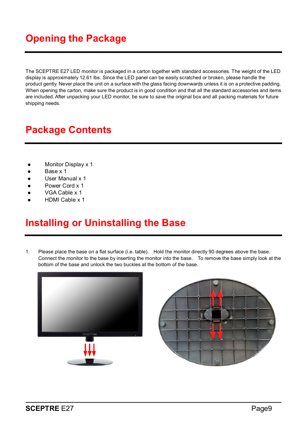 Opening the package, Package contents, Installing or uninstalling the base | Sceptre e27 page9 | Sceptre E275W-1920 User Manual | Page 10 / 34