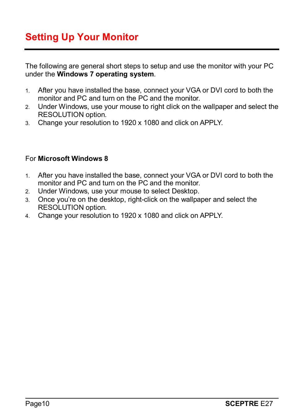 Setting up your monitor | Sceptre E275W-1920 User Manual | Page 11 / 34