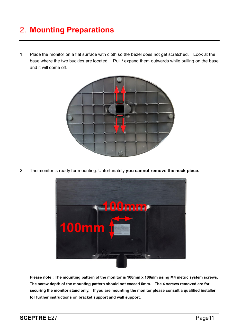 Mounting preparations, Sceptre e27 page11 | Sceptre E275W-1920 User Manual | Page 12 / 34