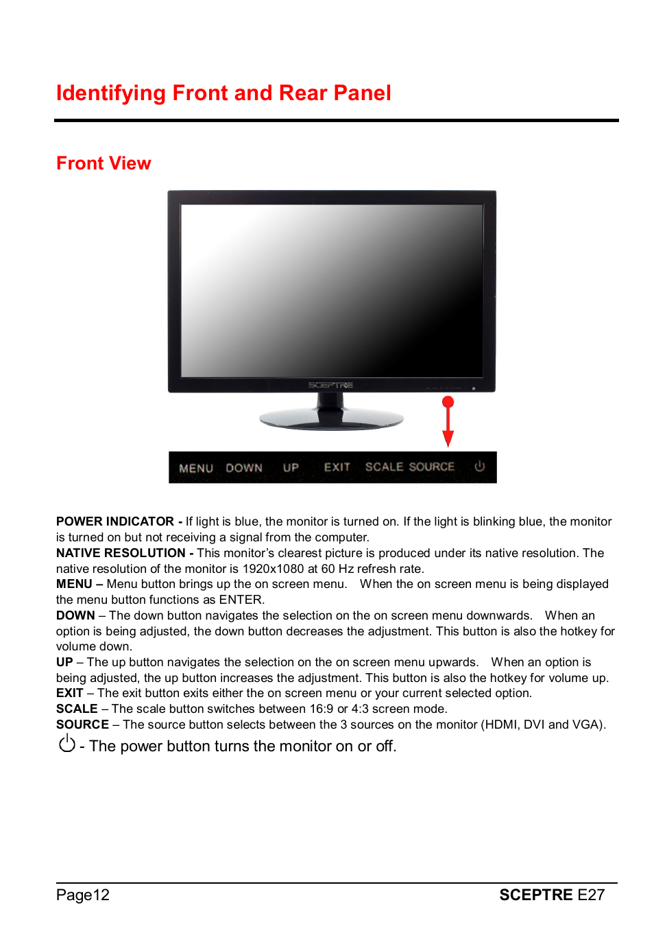 Identifying front and rear panel | Sceptre E275W-1920 User Manual | Page 13 / 34