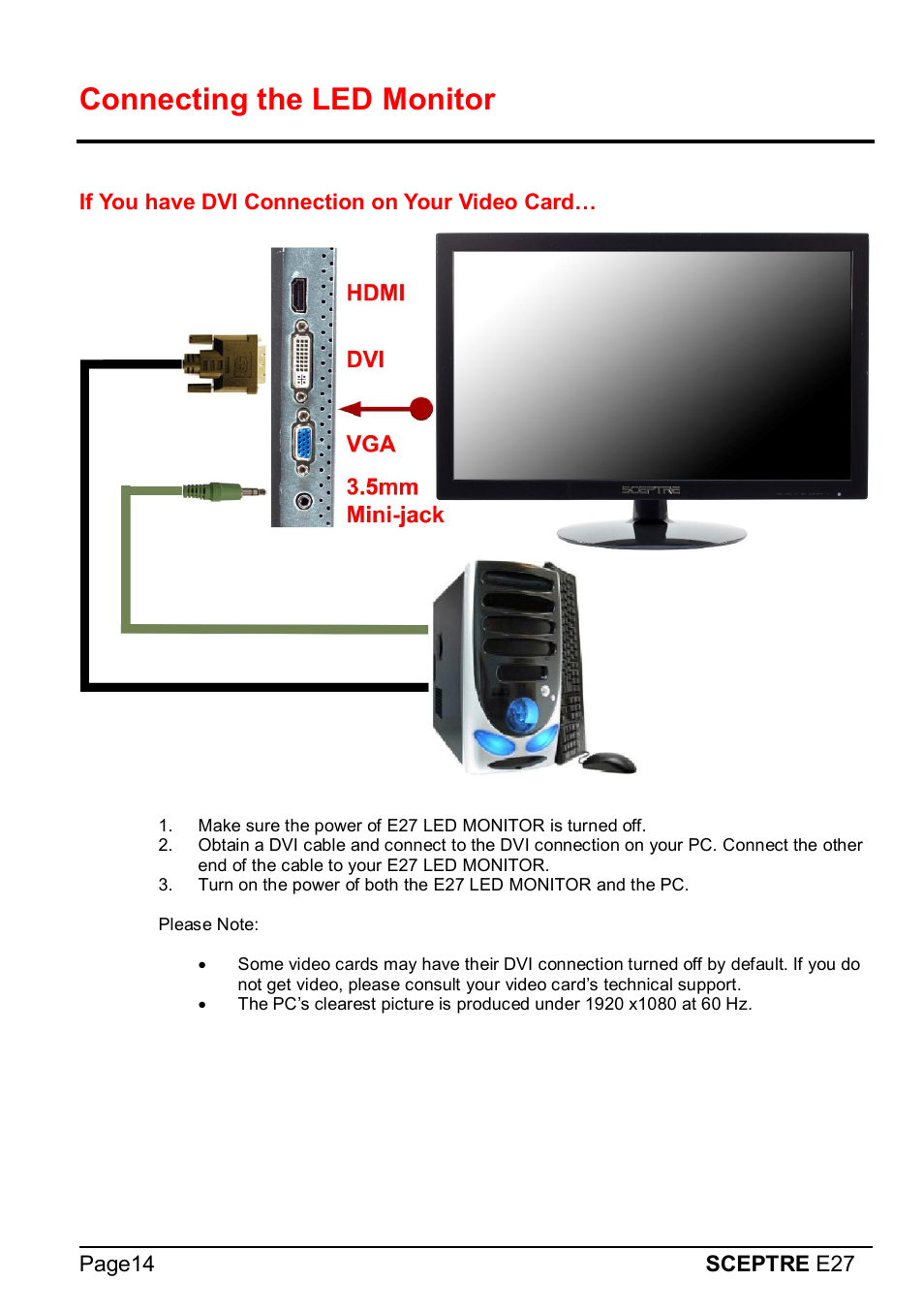 Connecting the led monitor | Sceptre E275W-1920 User Manual | Page 15 / 34