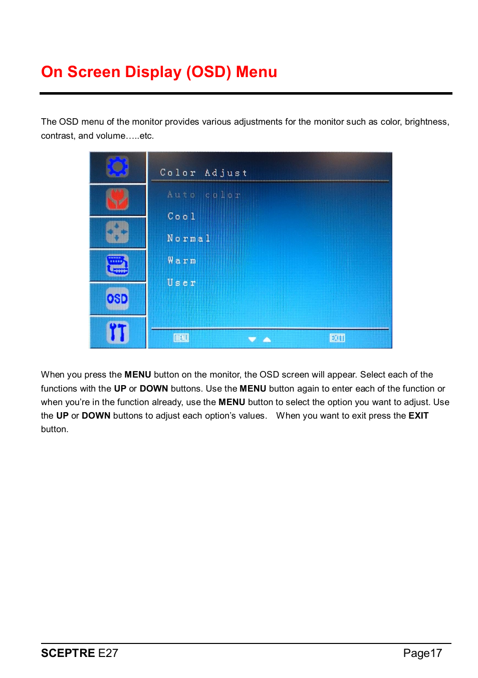 On screen display (osd) menu, Sceptre e27 page17 | Sceptre E275W-1920 User Manual | Page 18 / 34