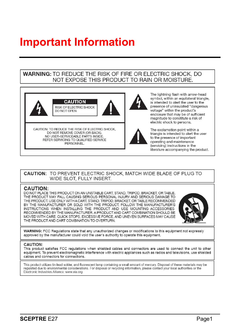 Important information | Sceptre E275W-1920 User Manual | Page 2 / 34