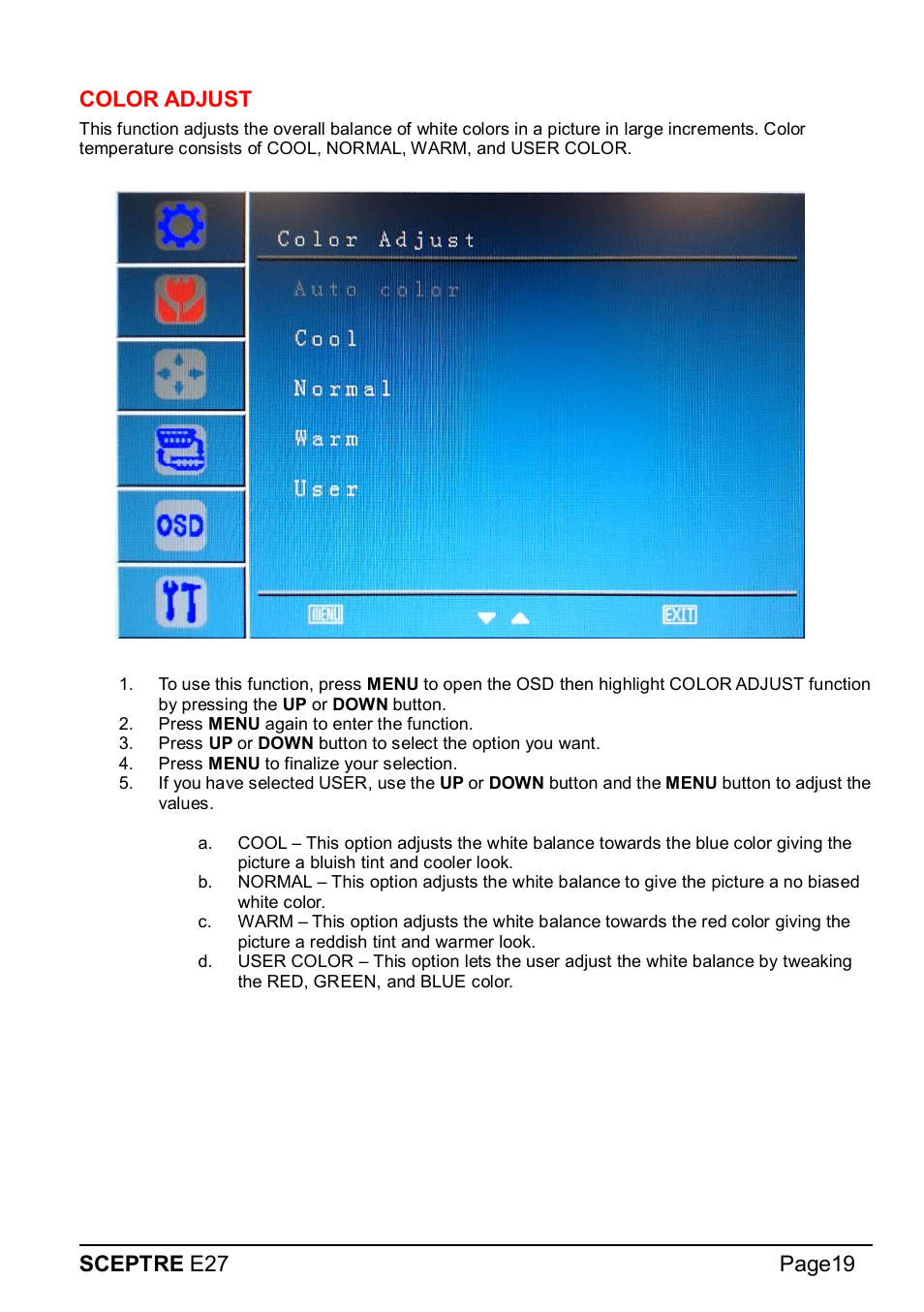 Sceptre e27 page19 color adjust | Sceptre E275W-1920 User Manual | Page 20 / 34