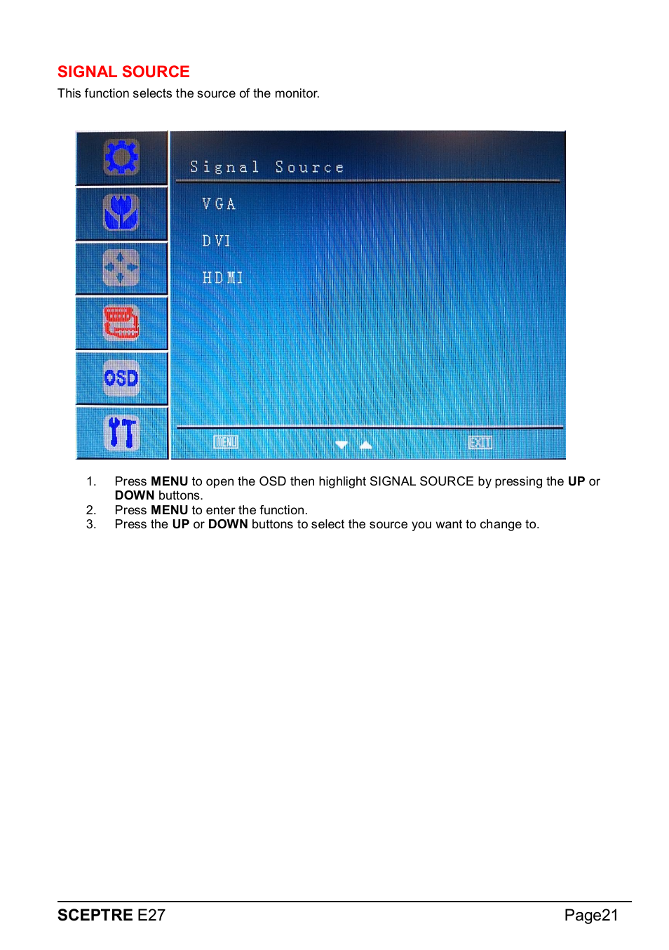 Sceptre e27 page21 signal source | Sceptre E275W-1920 User Manual | Page 22 / 34