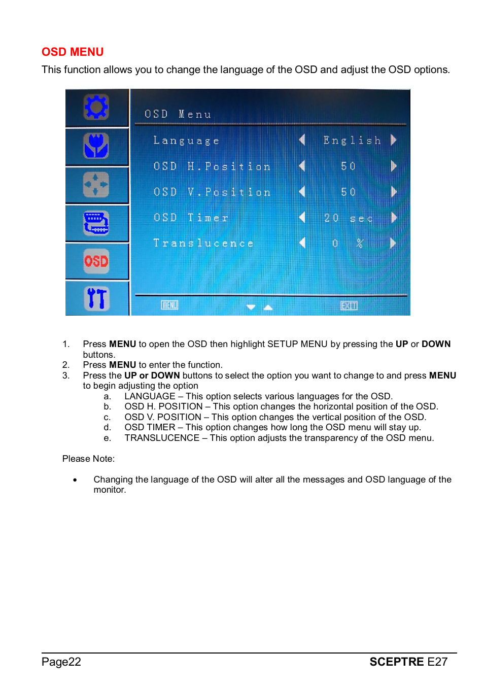 Page22 sceptre e27 osd menu | Sceptre E275W-1920 User Manual | Page 23 / 34