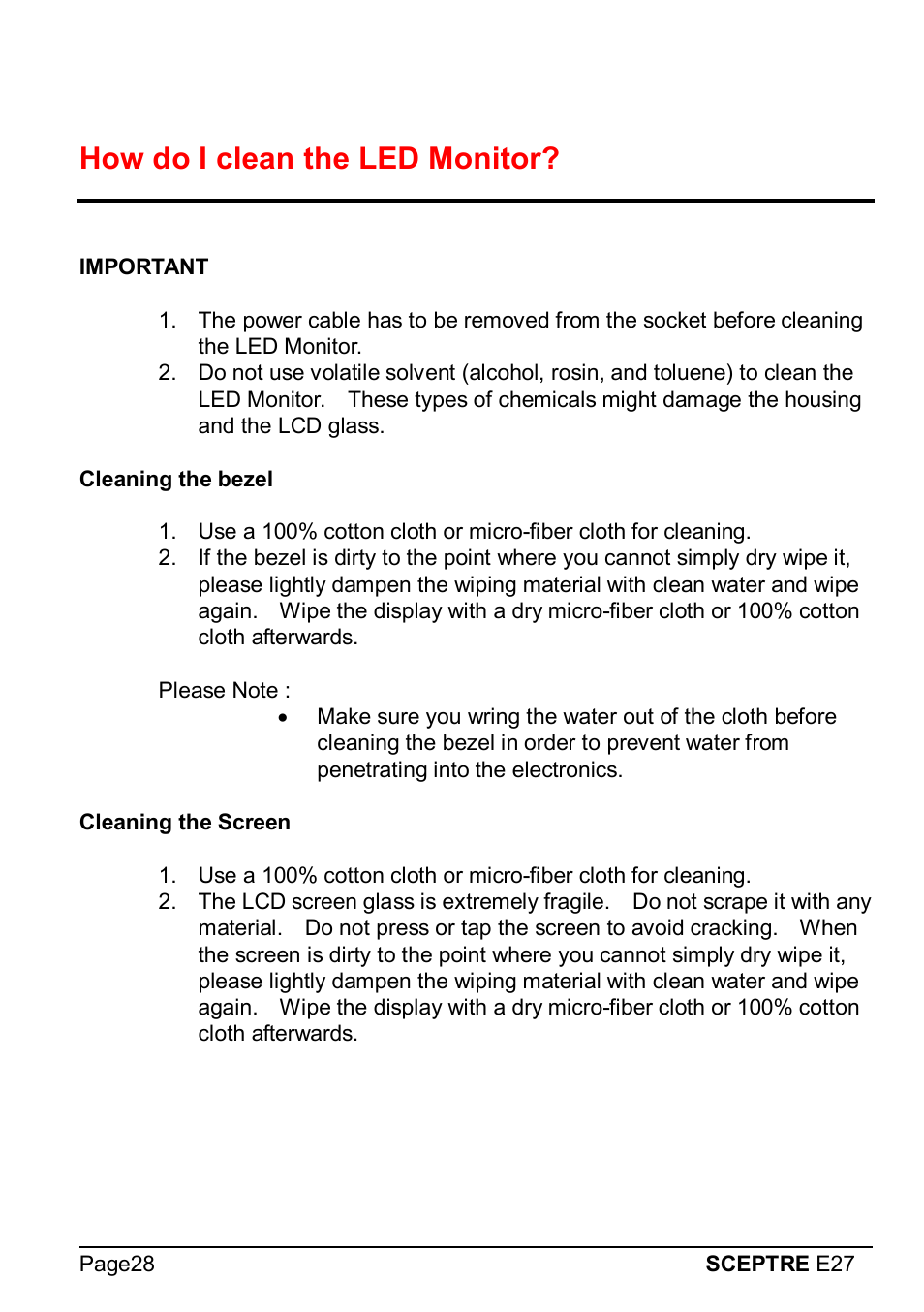 How do i clean the led monitor | Sceptre E275W-1920 User Manual | Page 29 / 34