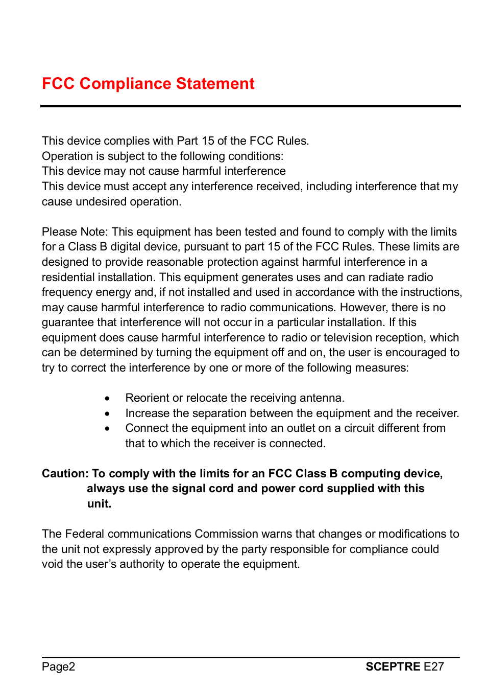 Fcc compliance statement | Sceptre E275W-1920 User Manual | Page 3 / 34