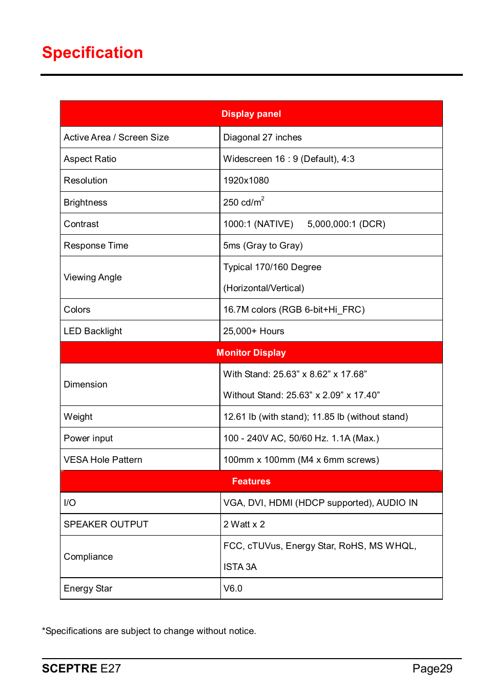 Specification, Sceptre e27 page29 | Sceptre E275W-1920 User Manual | Page 30 / 34