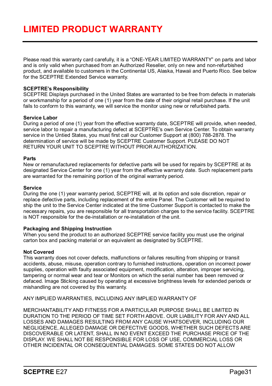 Limited product, Warranty | Sceptre E275W-1920 User Manual | Page 32 / 34
