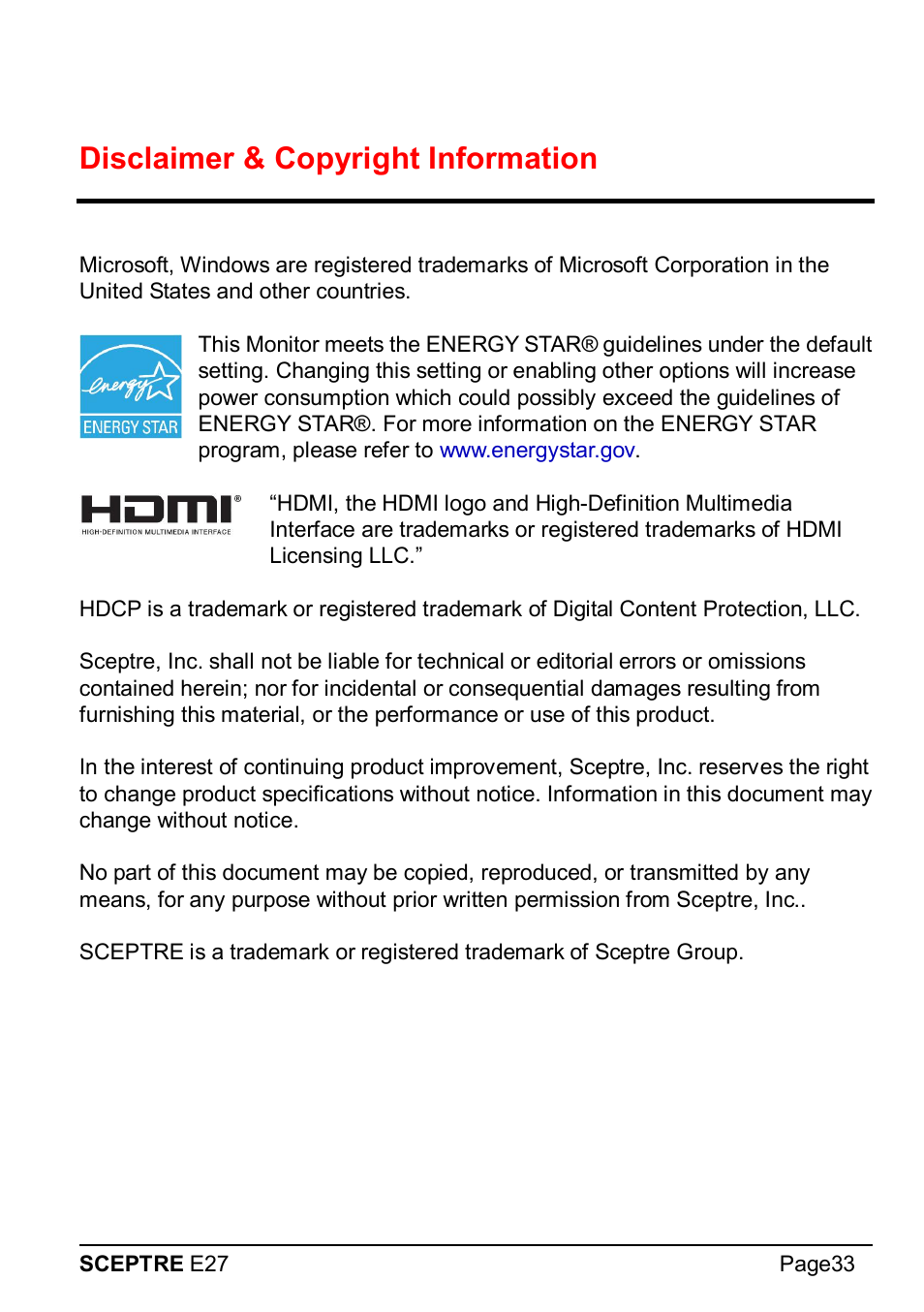 Disclaimer & copyright information | Sceptre E275W-1920 User Manual | Page 34 / 34