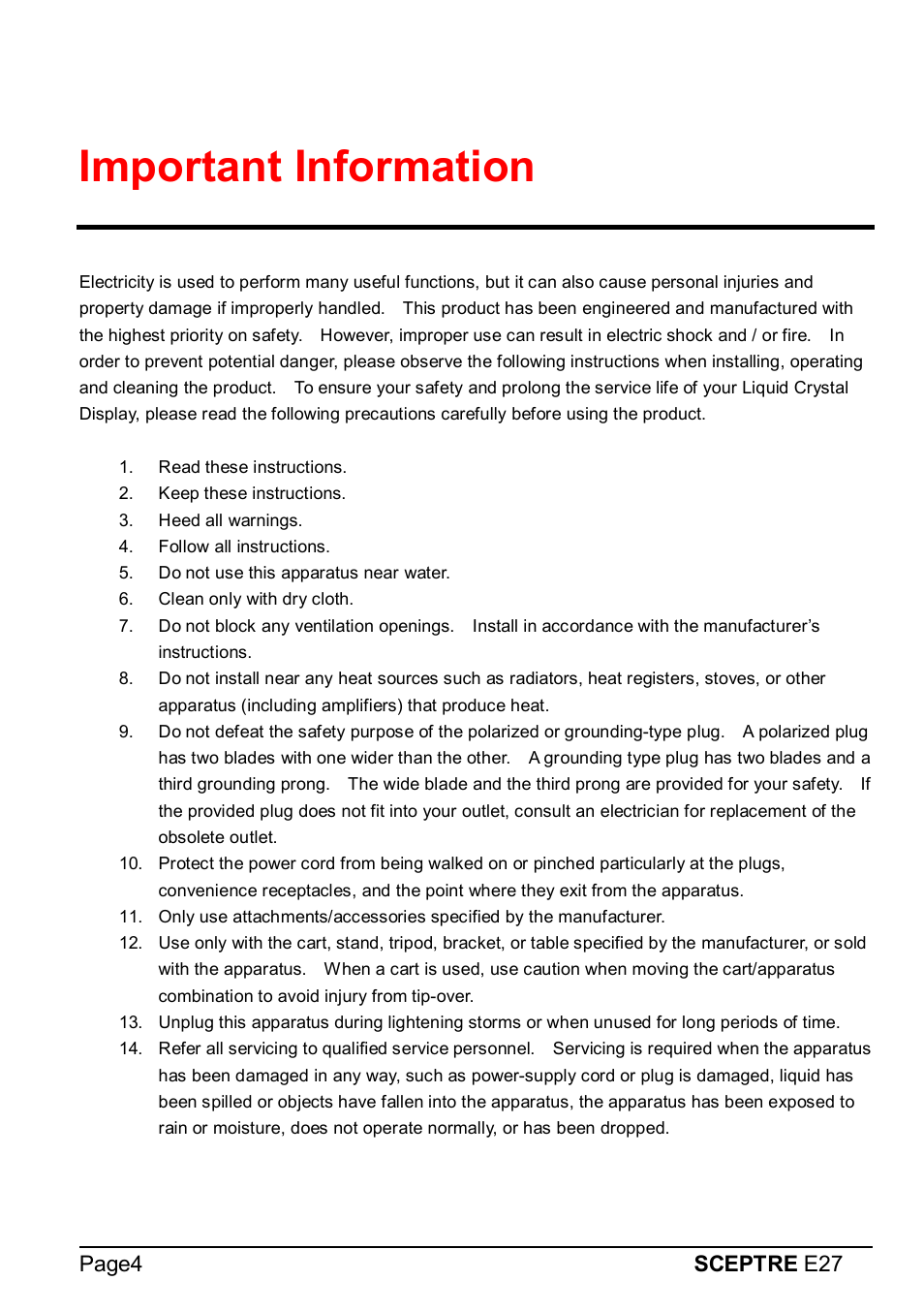 Important information, Page4 sceptre e27 | Sceptre E275W-1920 User Manual | Page 5 / 34