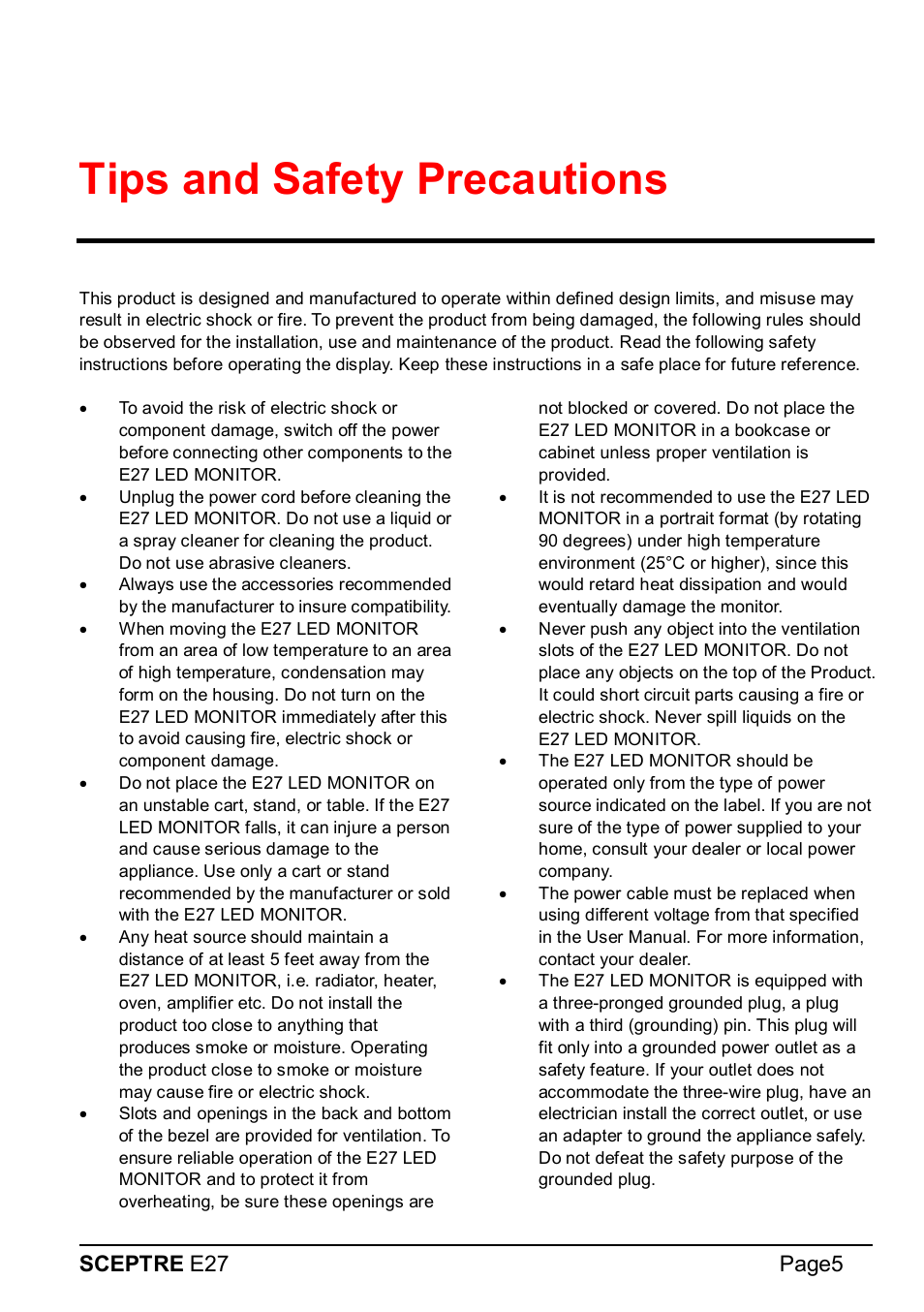 Tips and safety precautions, Sceptre e27 page5 | Sceptre E275W-1920 User Manual | Page 6 / 34
