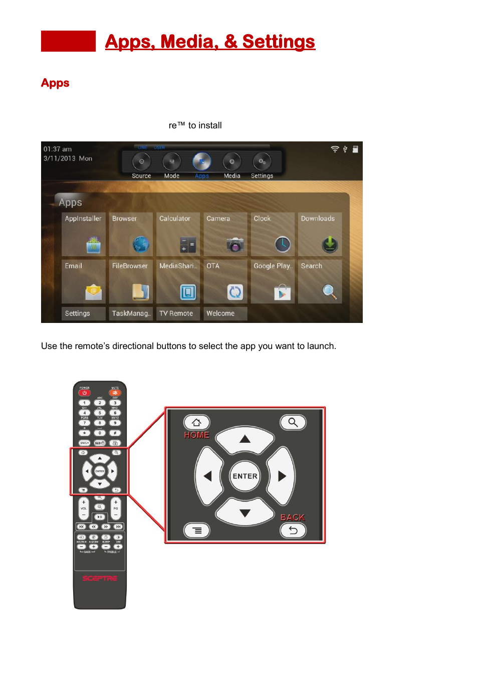 Apps, media, & settings | Sceptre SB301524W User Manual | Page 22 / 34