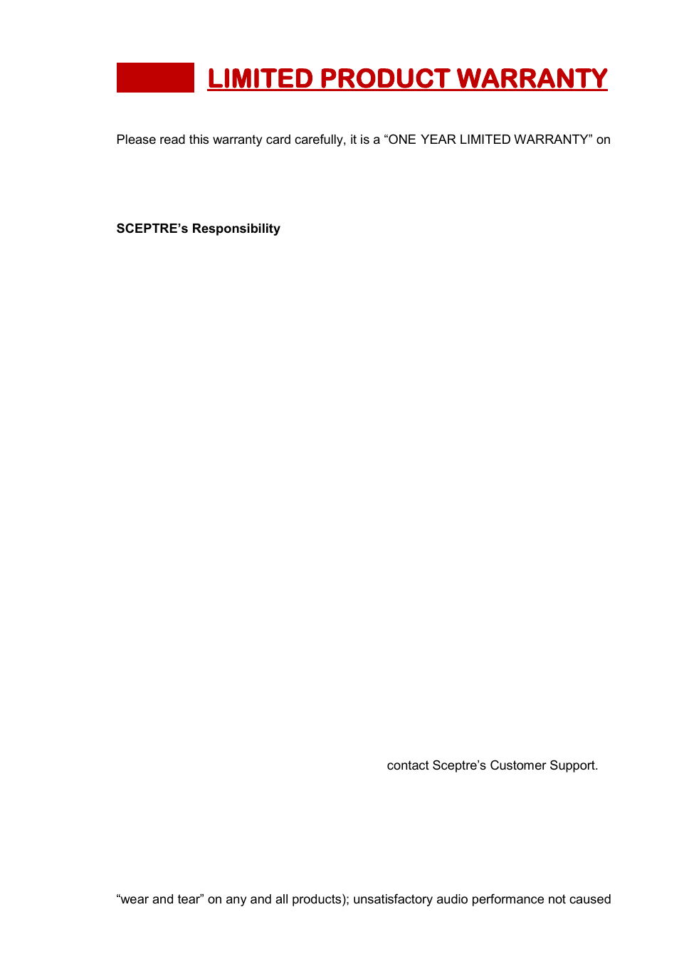 Limited product warranty 31, Limited product warranty | Sceptre SB301524W User Manual | Page 31 / 34