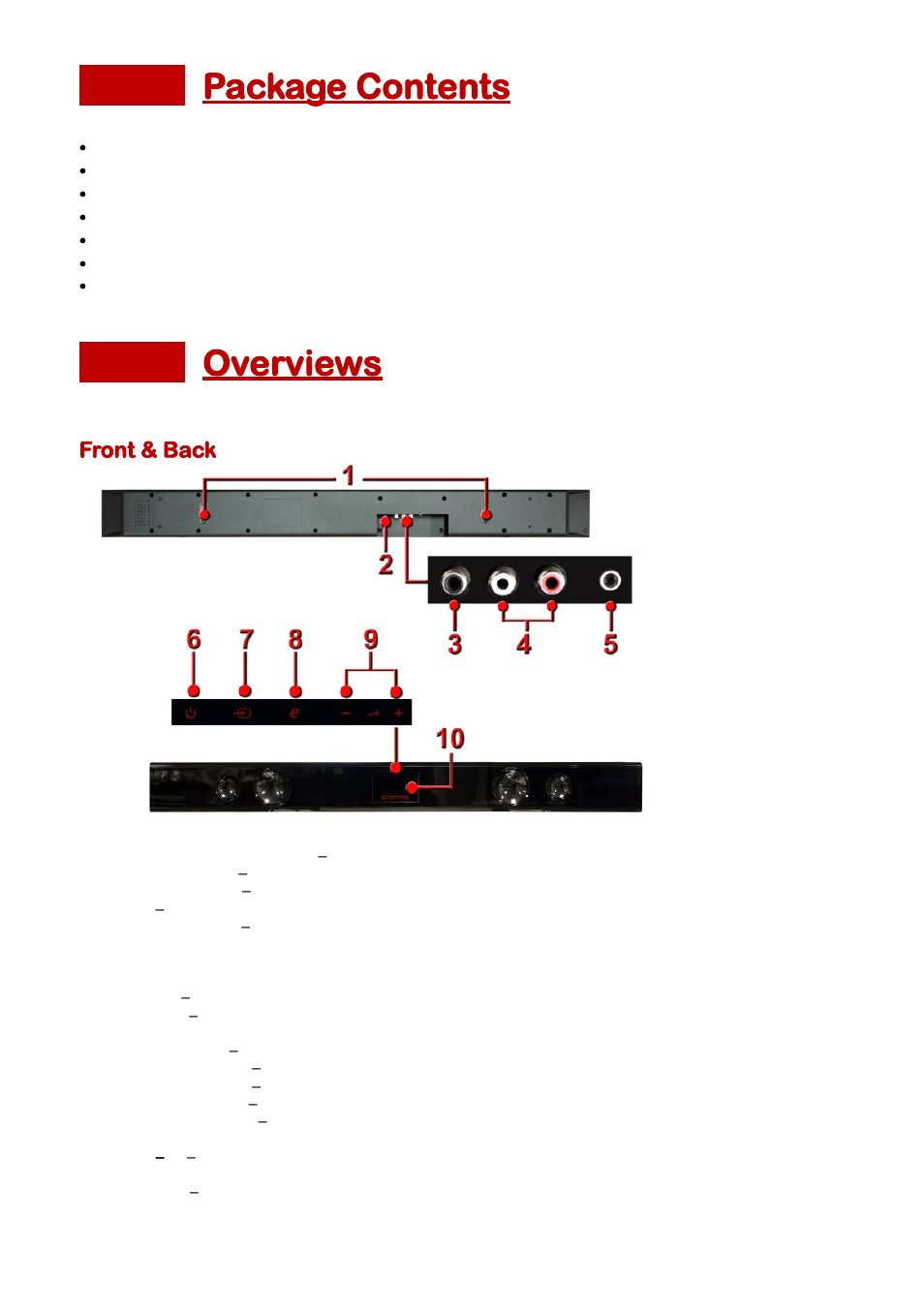 Package contents 6, Overviews 6, Ront | Package contents, Overviews, Front & back | Sceptre SB301524 User Manual | Page 6 / 24