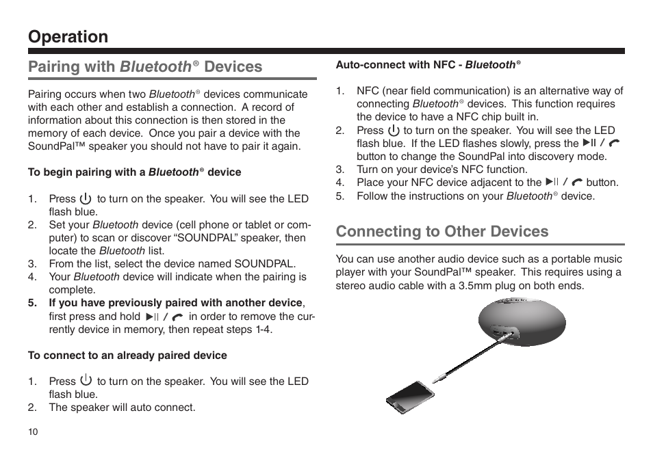 Operation, Pairing with bluetooth® devices, Connecting to other devices | Sceptre SP05032 User Manual | Page 11 / 15