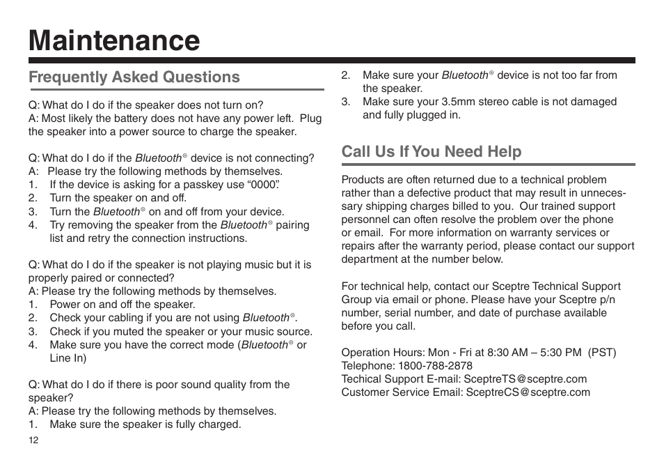Maintenance, Frequently asked questions, Call us if you need help | Sceptre SP05032 User Manual | Page 13 / 15