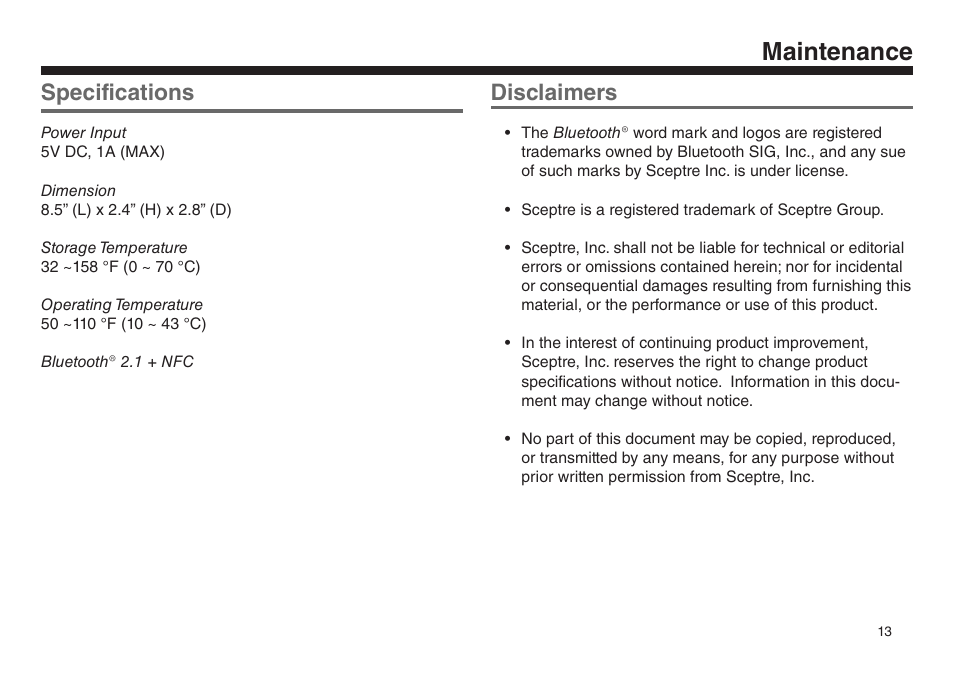 Maintenance, Specifications, Disclaimers | Sceptre SP05032 User Manual | Page 14 / 15