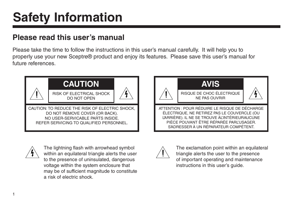 Safety information, Caution, Avis | Please read this user’s manual | Sceptre SP05032 User Manual | Page 2 / 15