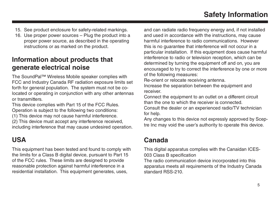 Safety information, Canada | Sceptre SP05032 User Manual | Page 6 / 15
