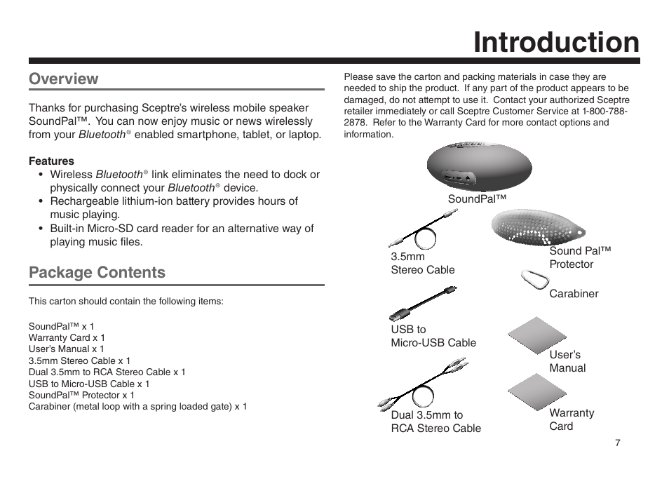 Introduction, Overview, Package contents | Sceptre SP05032 User Manual | Page 8 / 15