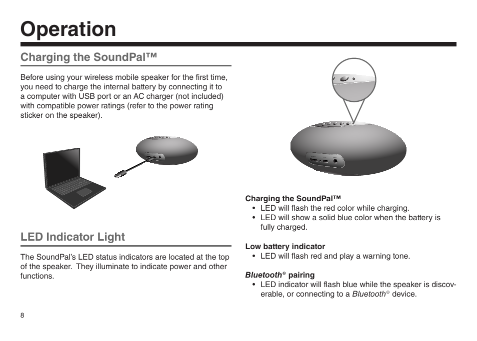Operation, Charging the soundpal, Led indicator light | Sceptre SP05032 User Manual | Page 9 / 15