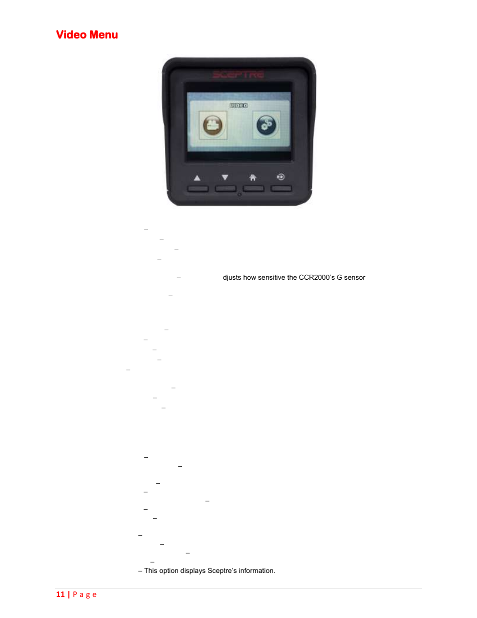 Video menu | Sceptre CCR2000 User Manual | Page 11 / 20