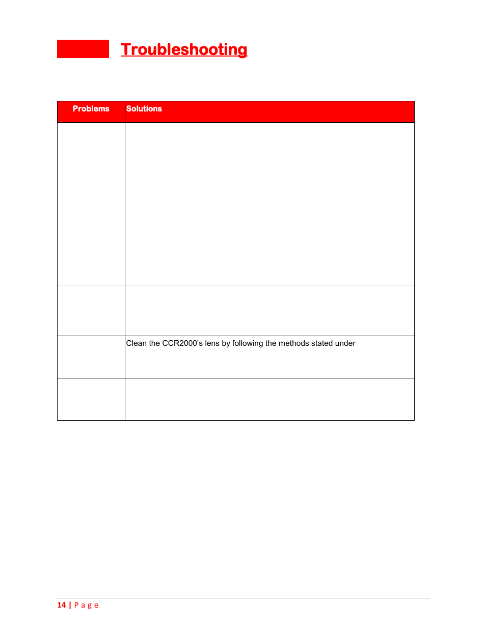 Troubleshooting specifications 14, Troubleshooting | Sceptre CCR2000 User Manual | Page 14 / 20