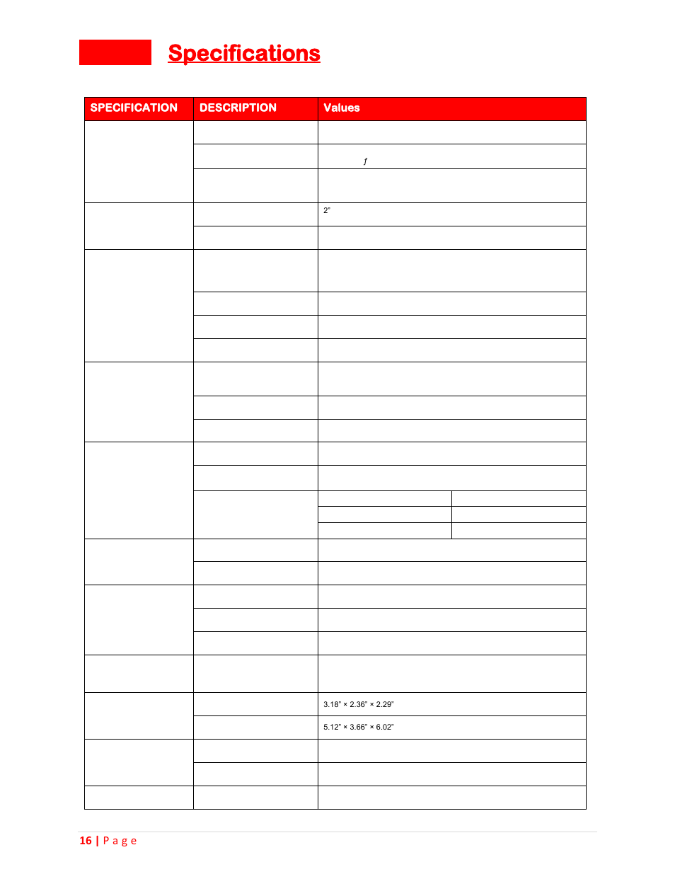 Specifications 16, Specifications, 16 | p a g e | Specification description values | Sceptre CCR2000 User Manual | Page 16 / 20