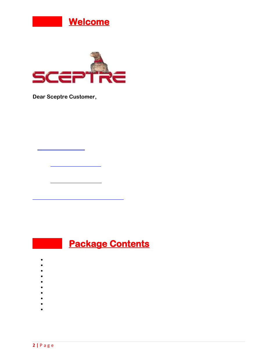 Welcome 2, Package contents 2, Welcome | Package contents | Sceptre CCR2000 User Manual | Page 2 / 20