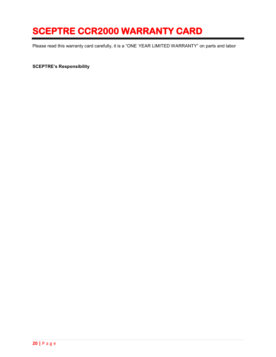 Sceptre ccr2000 warranty card | Sceptre CCR2000 User Manual | Page 20 / 20
